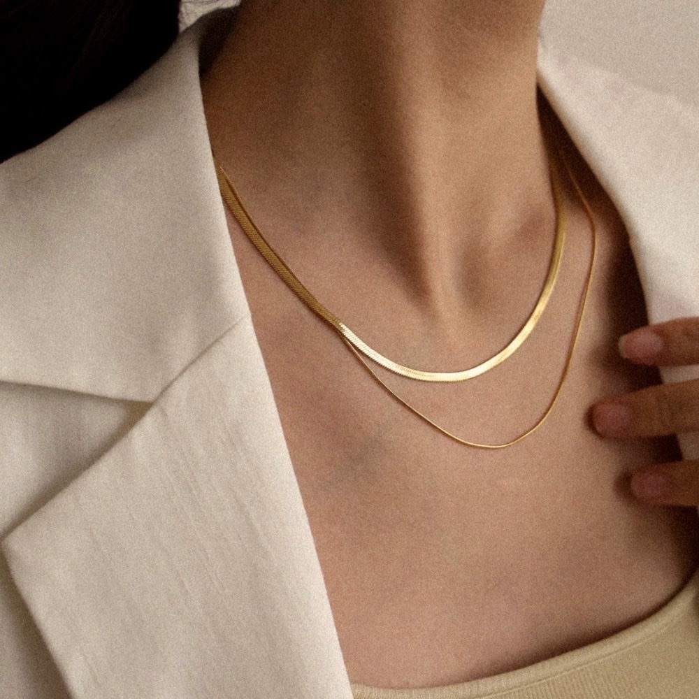 Double Herringbone Chain Necklace choker, 18k gold , snake chain